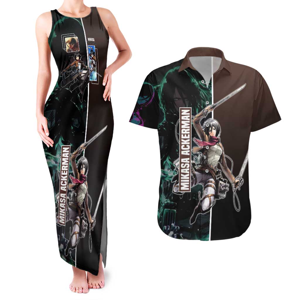 Mikasa Ackerman from Attack on Titan Couples Matching Tank Maxi Dress and Hawaiian Shirt with Sword and Action Pose Design - The Mazicc