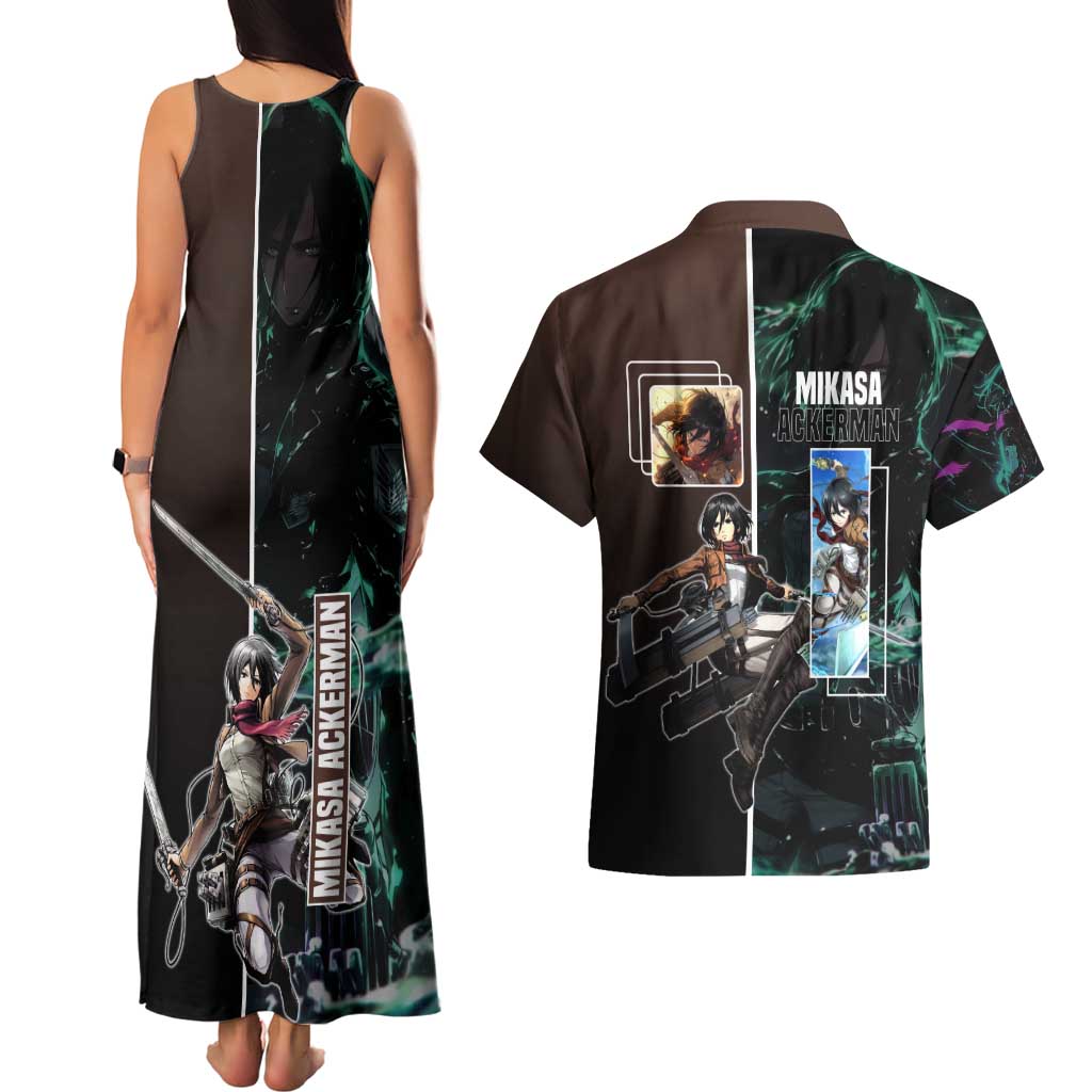 Mikasa Ackerman from Attack on Titan Couples Matching Tank Maxi Dress and Hawaiian Shirt with Sword and Action Pose Design - The Mazicc