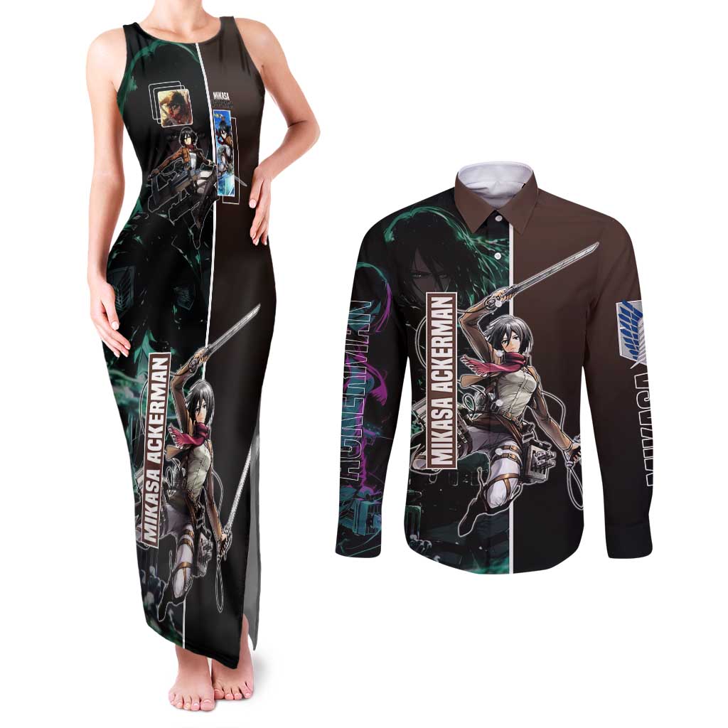 Mikasa Ackerman from Attack on Titan Couples Matching Tank Maxi Dress and Long Sleeve Button Shirt with Sword and Action Pose Design - The Mazicc