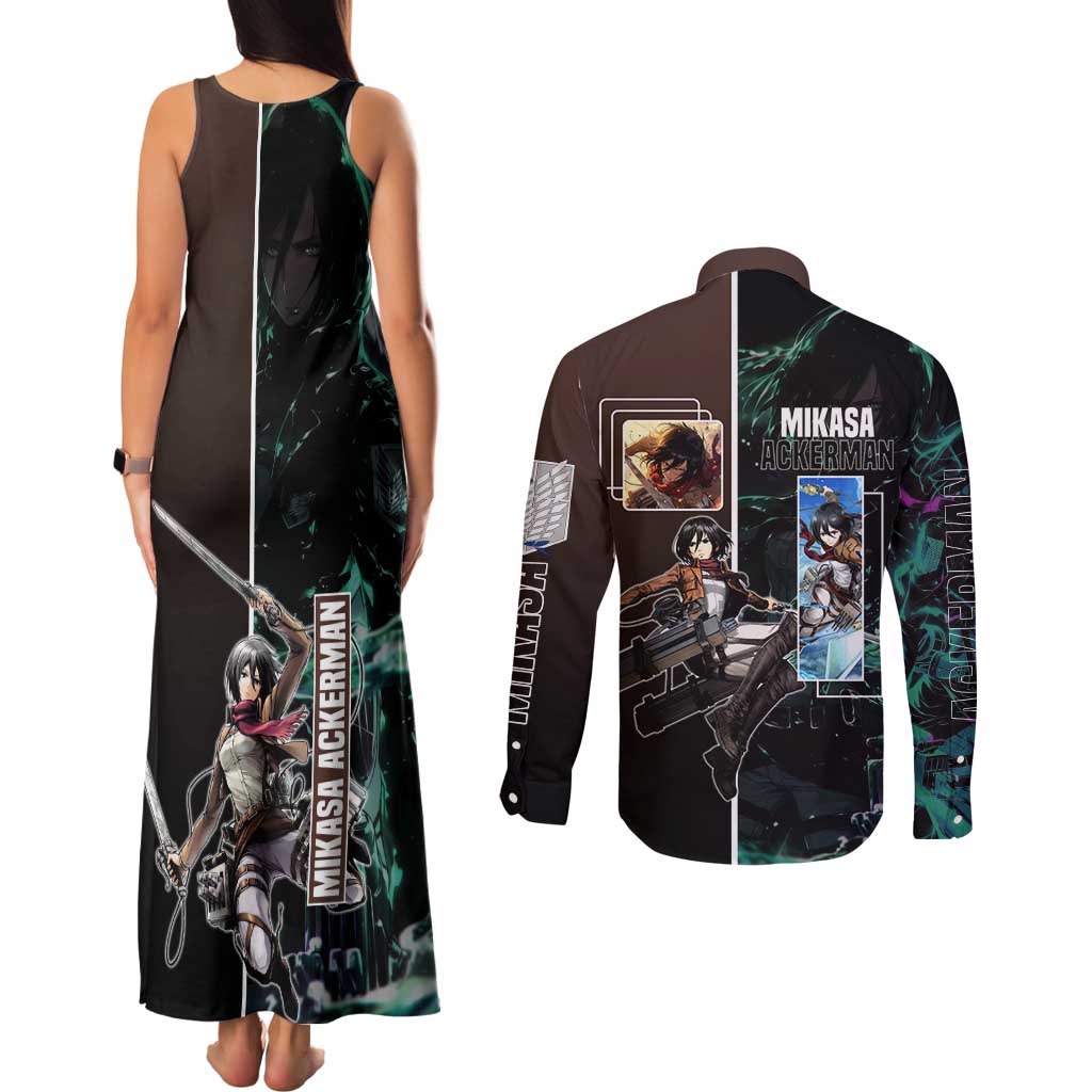 Mikasa Ackerman from Attack on Titan Couples Matching Tank Maxi Dress and Long Sleeve Button Shirt with Sword and Action Pose Design - The Mazicc