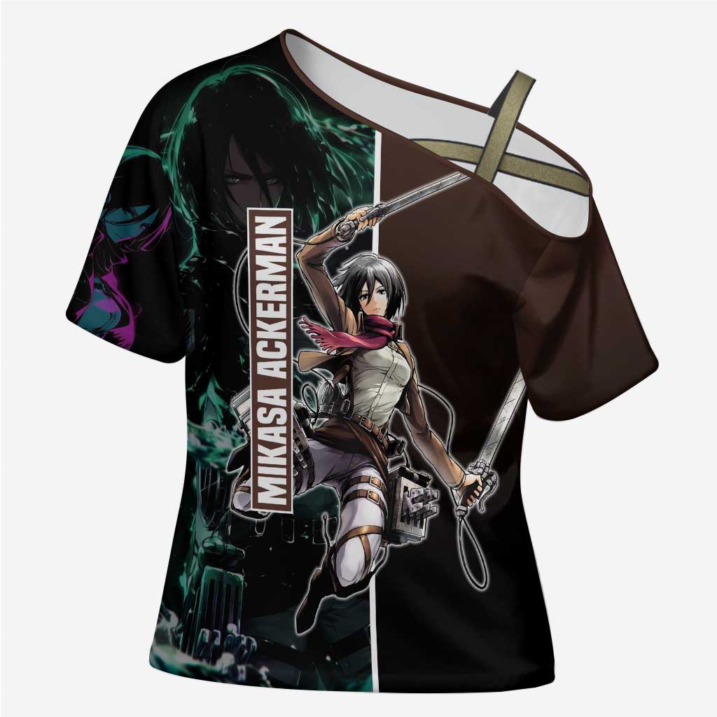 Mikasa Ackerman from Attack on Titan Cross Shoulder Shirt with Sword and Action Pose Design - The Mazicc