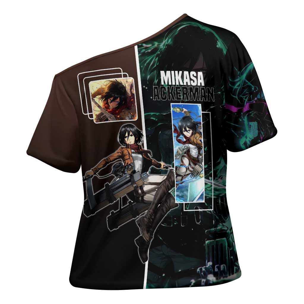 Mikasa Ackerman from Attack on Titan Cross Shoulder Shirt with Sword and Action Pose Design - The Mazicc