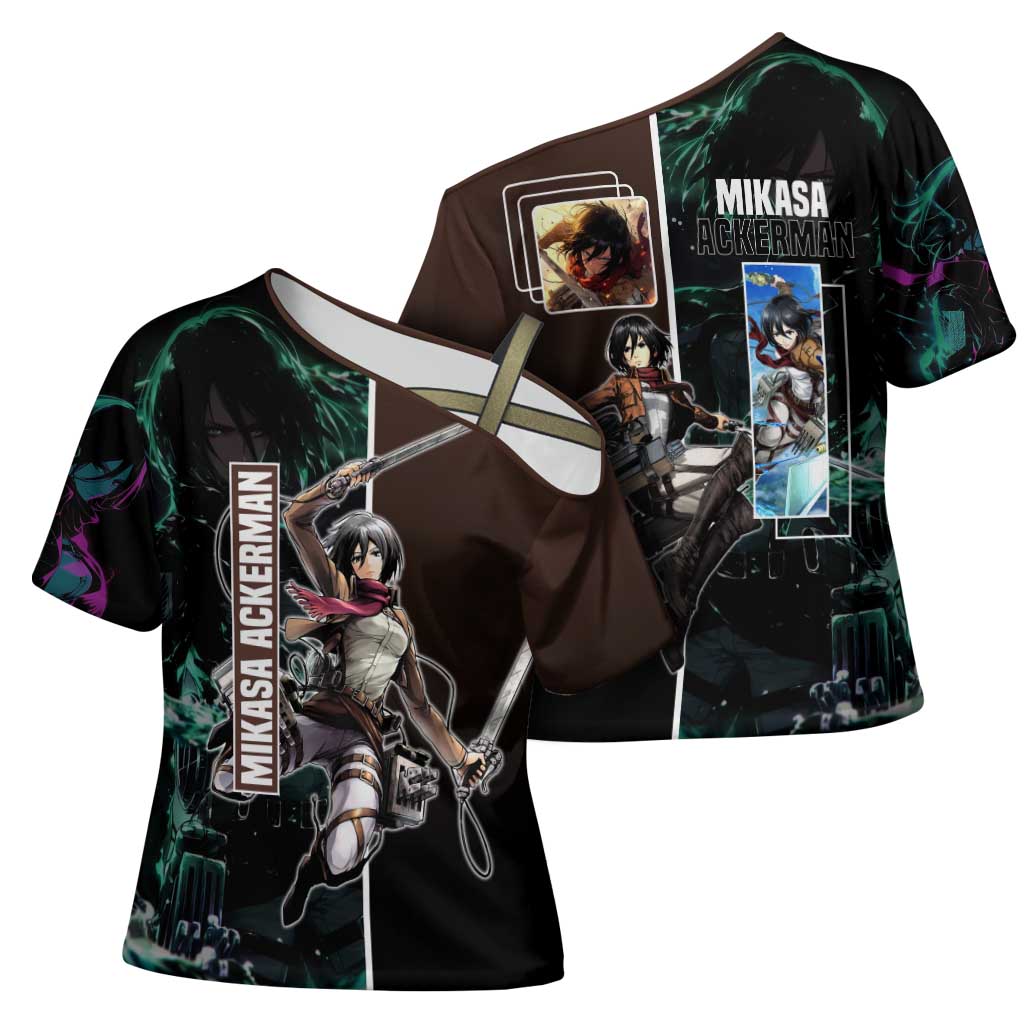 Mikasa Ackerman from Attack on Titan Cross Shoulder Shirt with Sword and Action Pose Design - The Mazicc