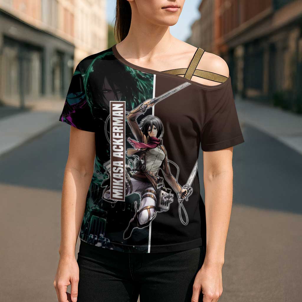 Mikasa Ackerman from Attack on Titan Cross Shoulder Shirt with Sword and Action Pose Design - The Mazicc