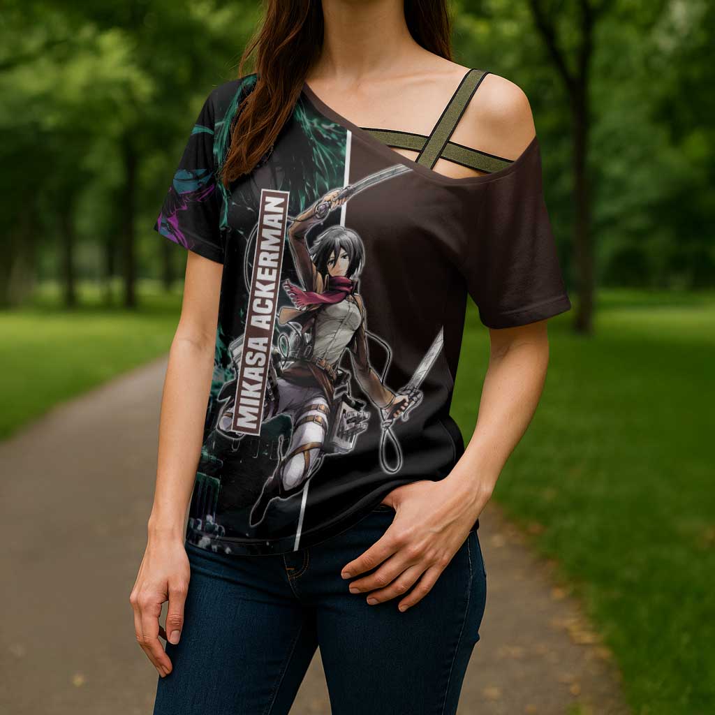 Mikasa Ackerman from Attack on Titan Cross Shoulder Shirt with Sword and Action Pose Design - The Mazicc
