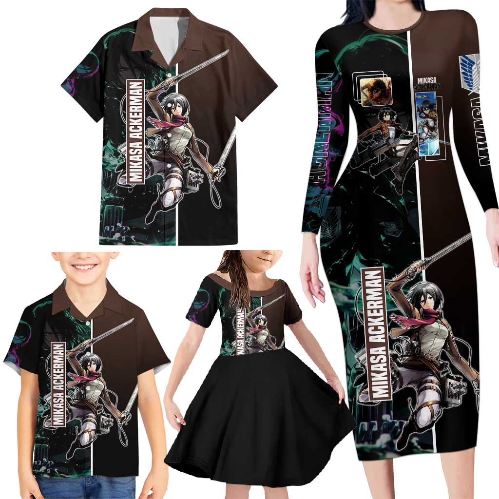 Mikasa Ackerman from Attack on Titan Family Matching Long Sleeve Bodycon Dress and Hawaiian Shirt with Sword and Action Pose Design - The Mazicc