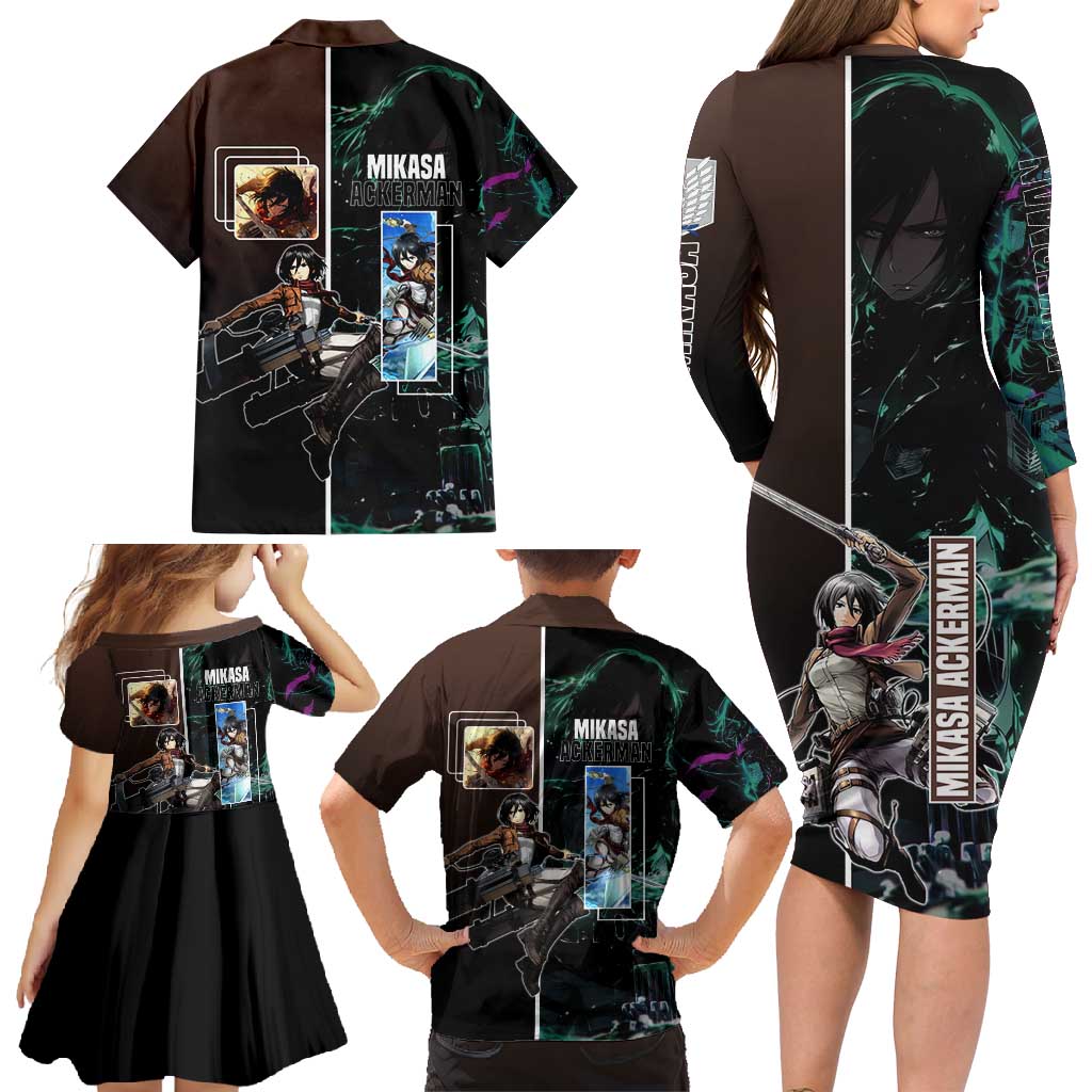 Mikasa Ackerman from Attack on Titan Family Matching Long Sleeve Bodycon Dress and Hawaiian Shirt with Sword and Action Pose Design - The Mazicc