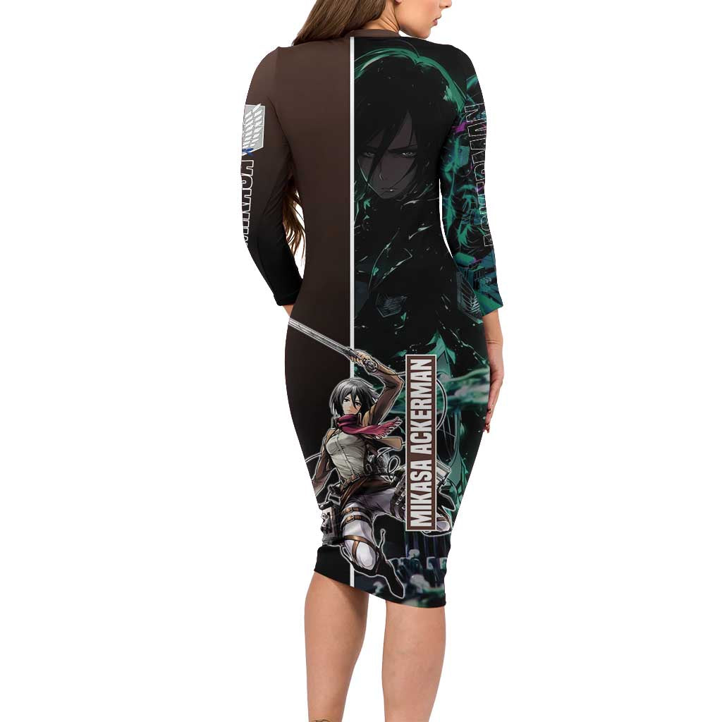 Mikasa Ackerman from Attack on Titan Family Matching Long Sleeve Bodycon Dress and Hawaiian Shirt with Sword and Action Pose Design - The Mazicc