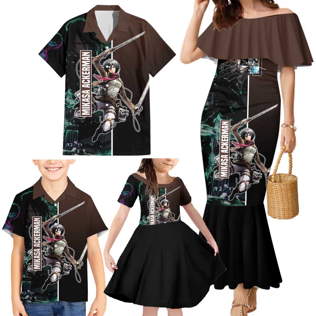 Mikasa Ackerman from Attack on Titan Family Matching Mermaid Dress and Hawaiian Shirt with Sword and Action Pose Design - The Mazicc