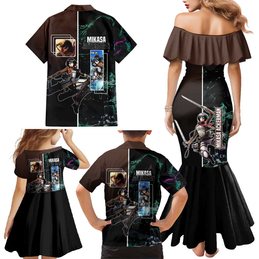 Mikasa Ackerman from Attack on Titan Family Matching Mermaid Dress and Hawaiian Shirt with Sword and Action Pose Design - The Mazicc