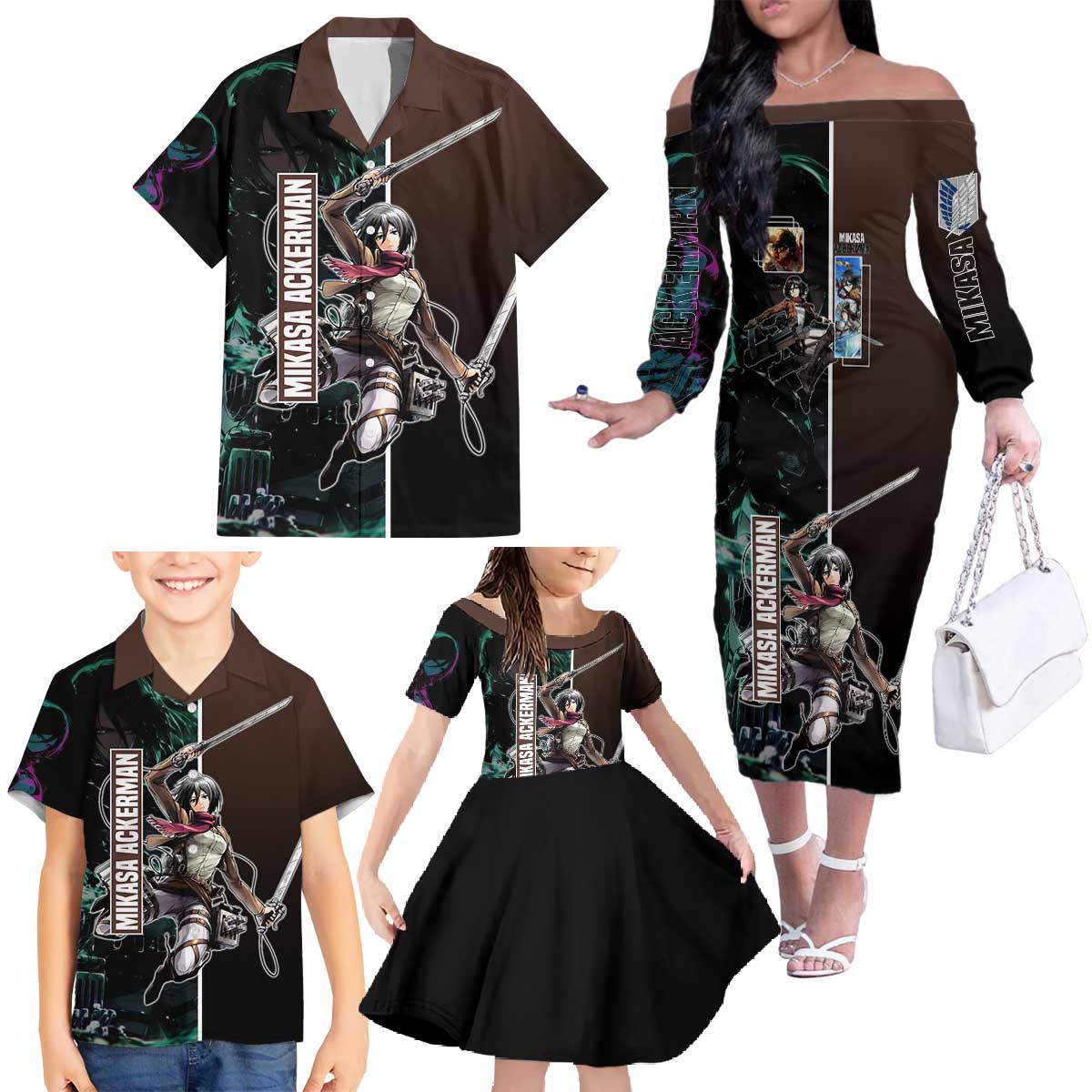 Mikasa Ackerman from Attack on Titan Family Matching Off The Shoulder Long Sleeve Dress and Hawaiian Shirt with Sword and Action Pose Design - The Mazicc