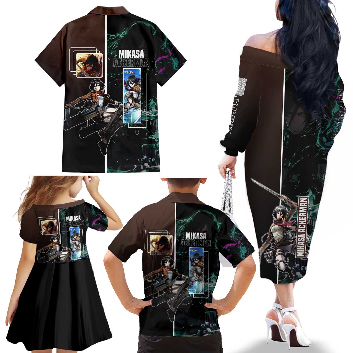 Mikasa Ackerman from Attack on Titan Family Matching Off The Shoulder Long Sleeve Dress and Hawaiian Shirt with Sword and Action Pose Design - The Mazicc