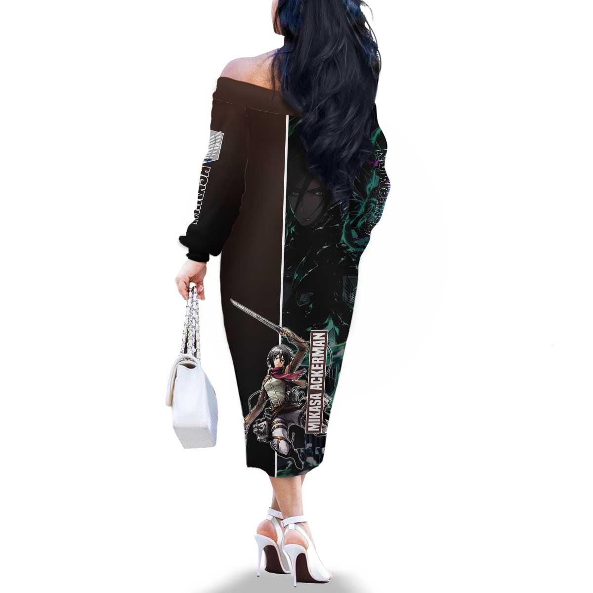 Mikasa Ackerman from Attack on Titan Family Matching Off The Shoulder Long Sleeve Dress and Hawaiian Shirt with Sword and Action Pose Design - The Mazicc