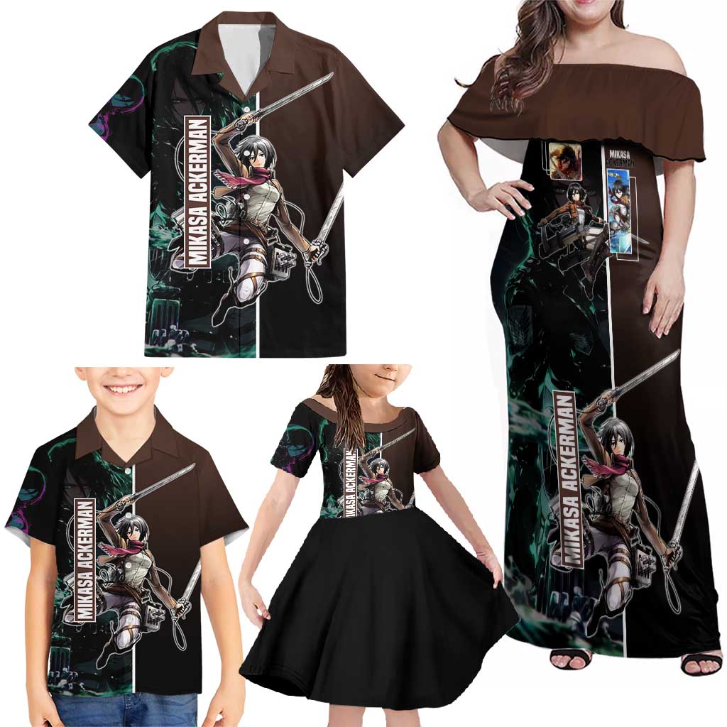 Mikasa Ackerman from Attack on Titan Family Matching Off Shoulder Maxi Dress and Hawaiian Shirt with Sword and Action Pose Design - The Mazicc
