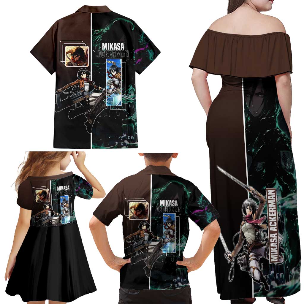 Mikasa Ackerman from Attack on Titan Family Matching Off Shoulder Maxi Dress and Hawaiian Shirt with Sword and Action Pose Design - The Mazicc