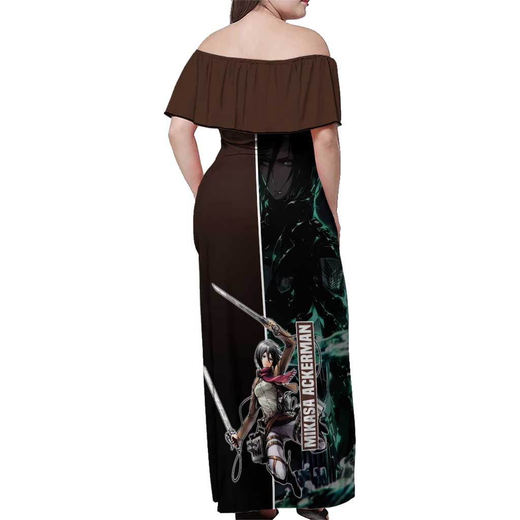Mikasa Ackerman from Attack on Titan Family Matching Off Shoulder Maxi Dress and Hawaiian Shirt with Sword and Action Pose Design - The Mazicc