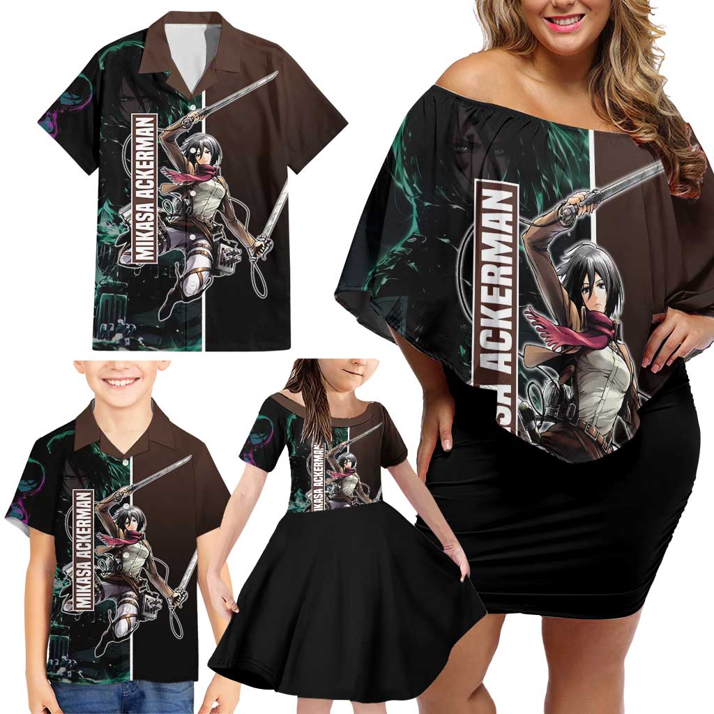 Mikasa Ackerman from Attack on Titan Family Matching Off Shoulder Short Dress and Hawaiian Shirt with Sword and Action Pose Design - The Mazicc