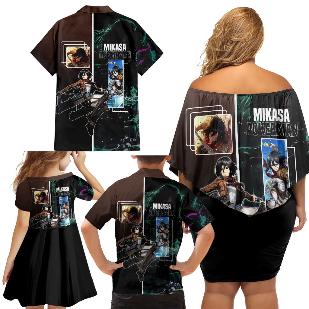 Mikasa Ackerman from Attack on Titan Family Matching Off Shoulder Short Dress and Hawaiian Shirt with Sword and Action Pose Design - The Mazicc