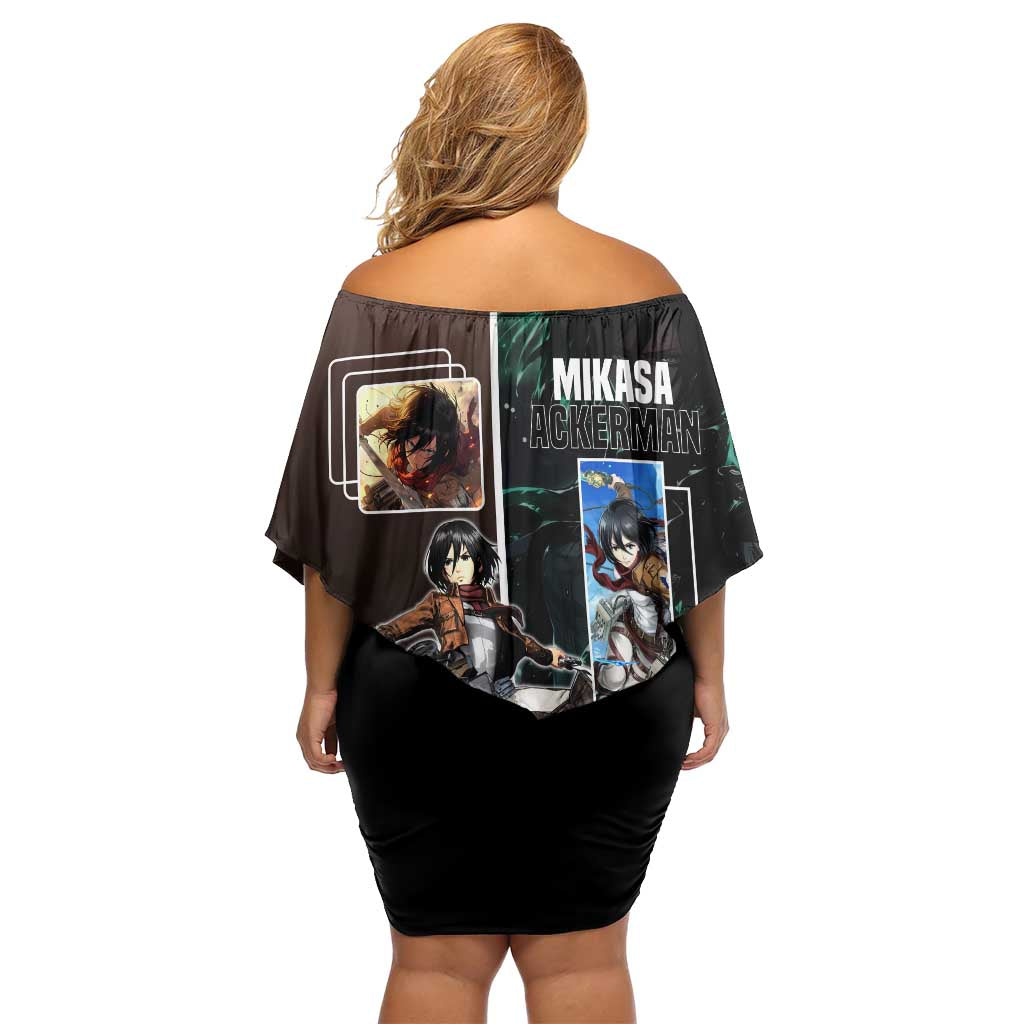Mikasa Ackerman from Attack on Titan Family Matching Off Shoulder Short Dress and Hawaiian Shirt with Sword and Action Pose Design - The Mazicc