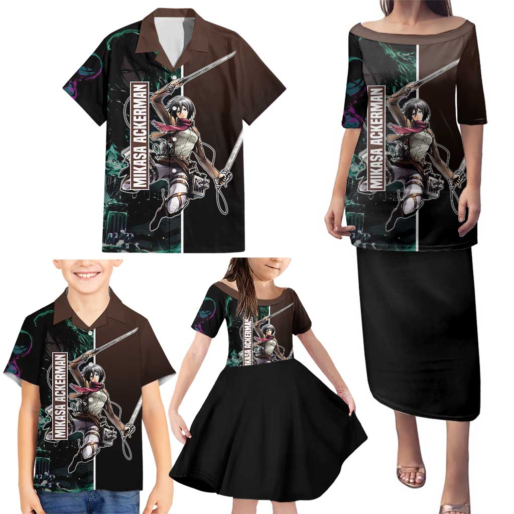 Mikasa Ackerman from Attack on Titan Family Matching Puletasi and Hawaiian Shirt with Sword and Action Pose Design - The Mazicc