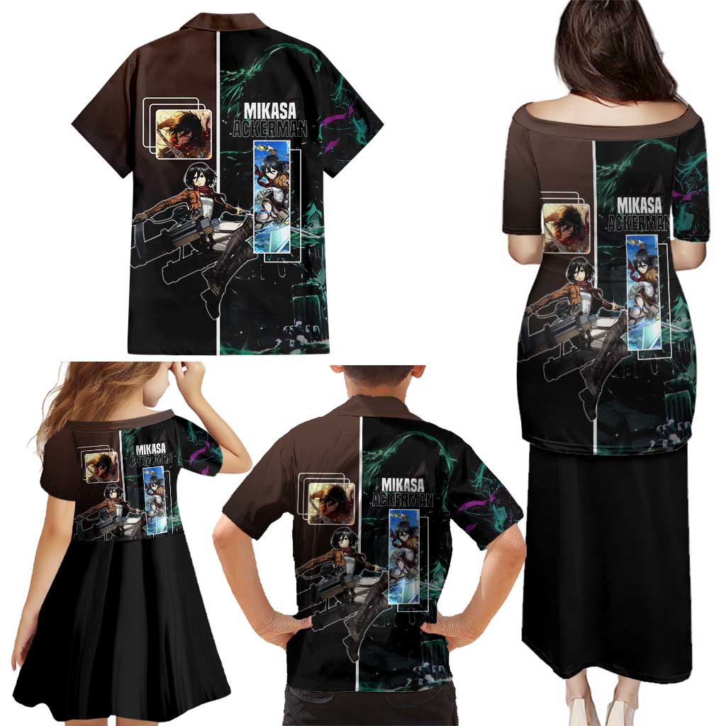 Mikasa Ackerman from Attack on Titan Family Matching Puletasi and Hawaiian Shirt with Sword and Action Pose Design - The Mazicc