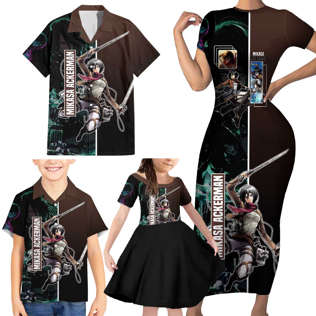 Mikasa Ackerman from Attack on Titan Family Matching Short Sleeve Bodycon Dress and Hawaiian Shirt with Sword and Action Pose Design - The Mazicc