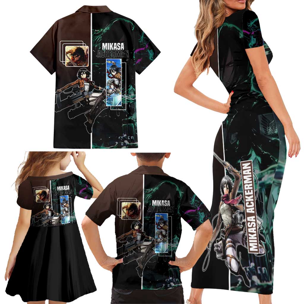 Mikasa Ackerman from Attack on Titan Family Matching Short Sleeve Bodycon Dress and Hawaiian Shirt with Sword and Action Pose Design - The Mazicc