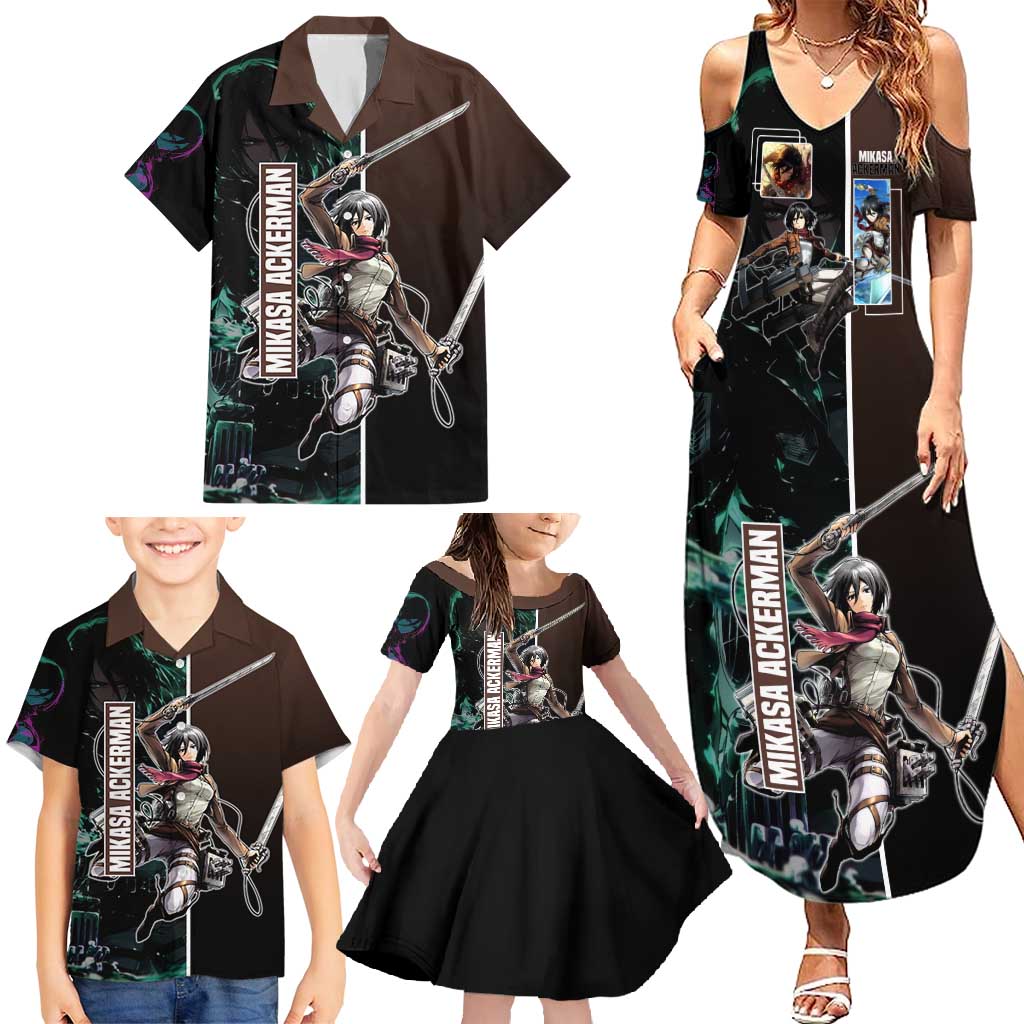 Mikasa Ackerman from Attack on Titan Family Matching Summer Maxi Dress and Hawaiian Shirt with Sword and Action Pose Design - The Mazicc