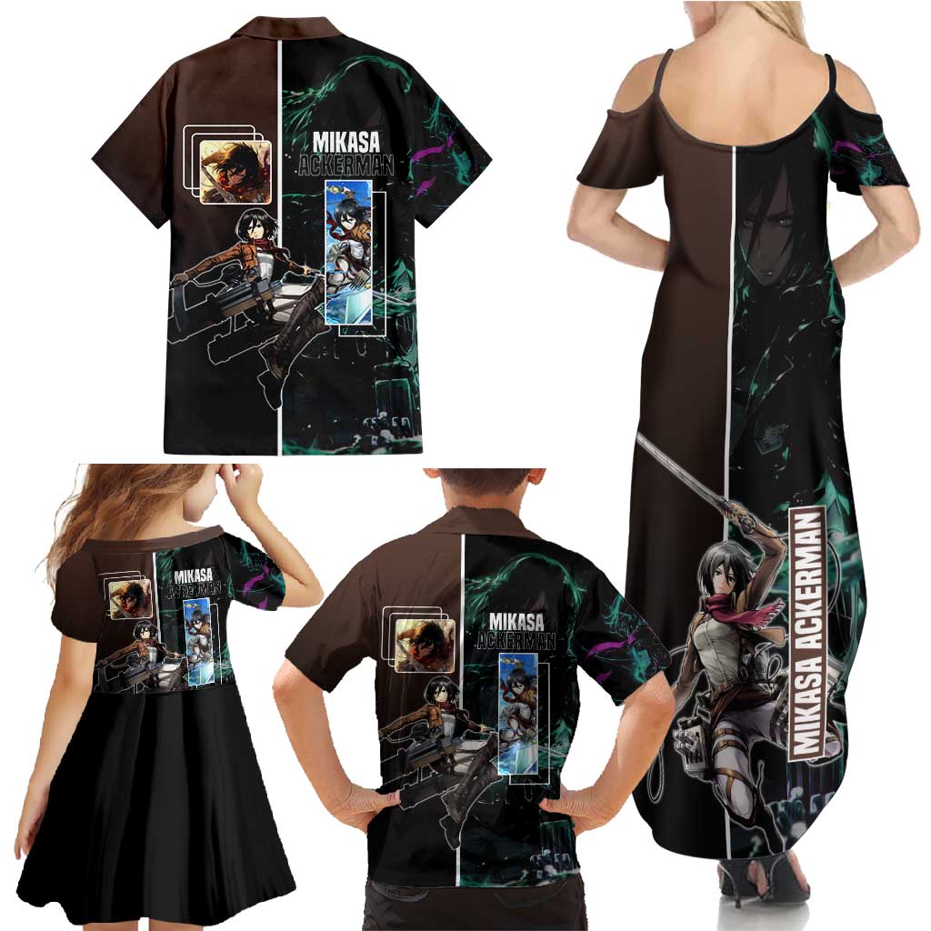 Mikasa Ackerman from Attack on Titan Family Matching Summer Maxi Dress and Hawaiian Shirt with Sword and Action Pose Design - The Mazicc