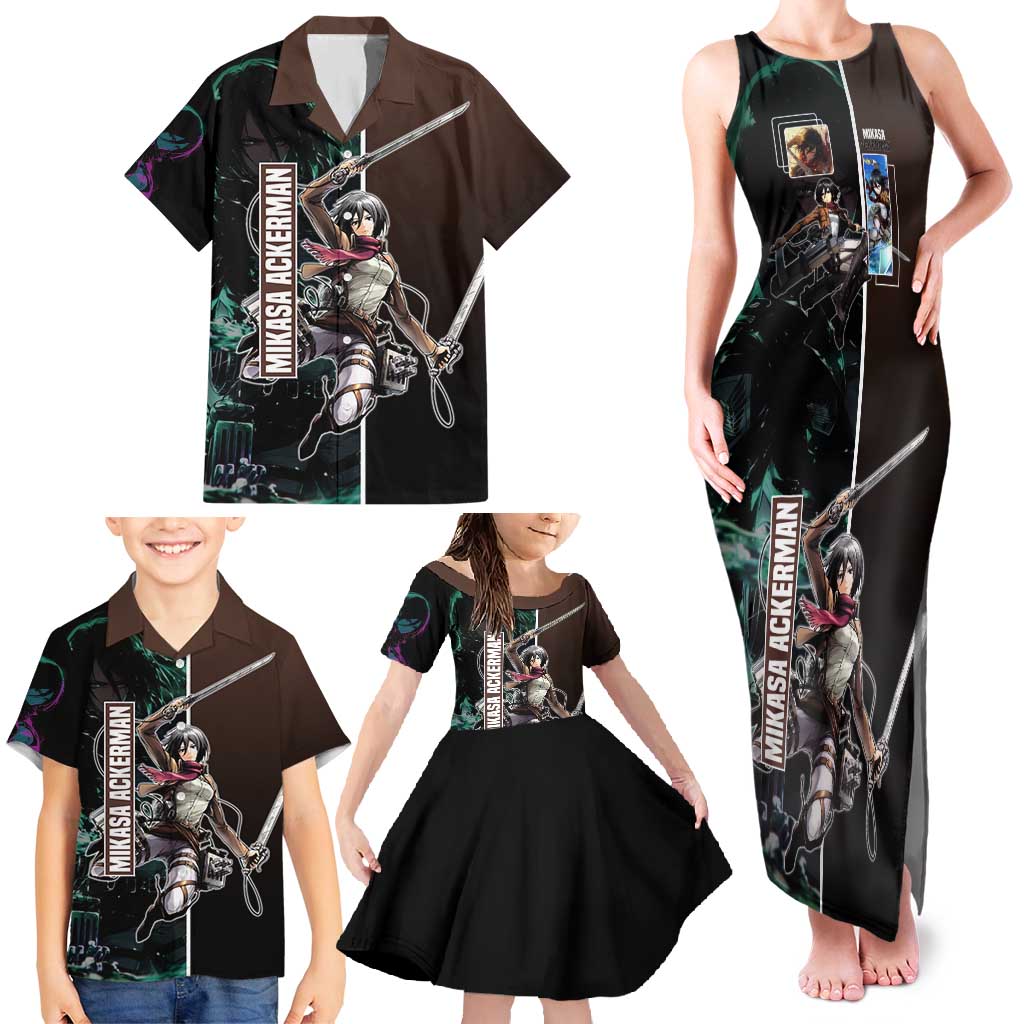 Mikasa Ackerman from Attack on Titan Family Matching Tank Maxi Dress and Hawaiian Shirt with Sword and Action Pose Design - The Mazicc