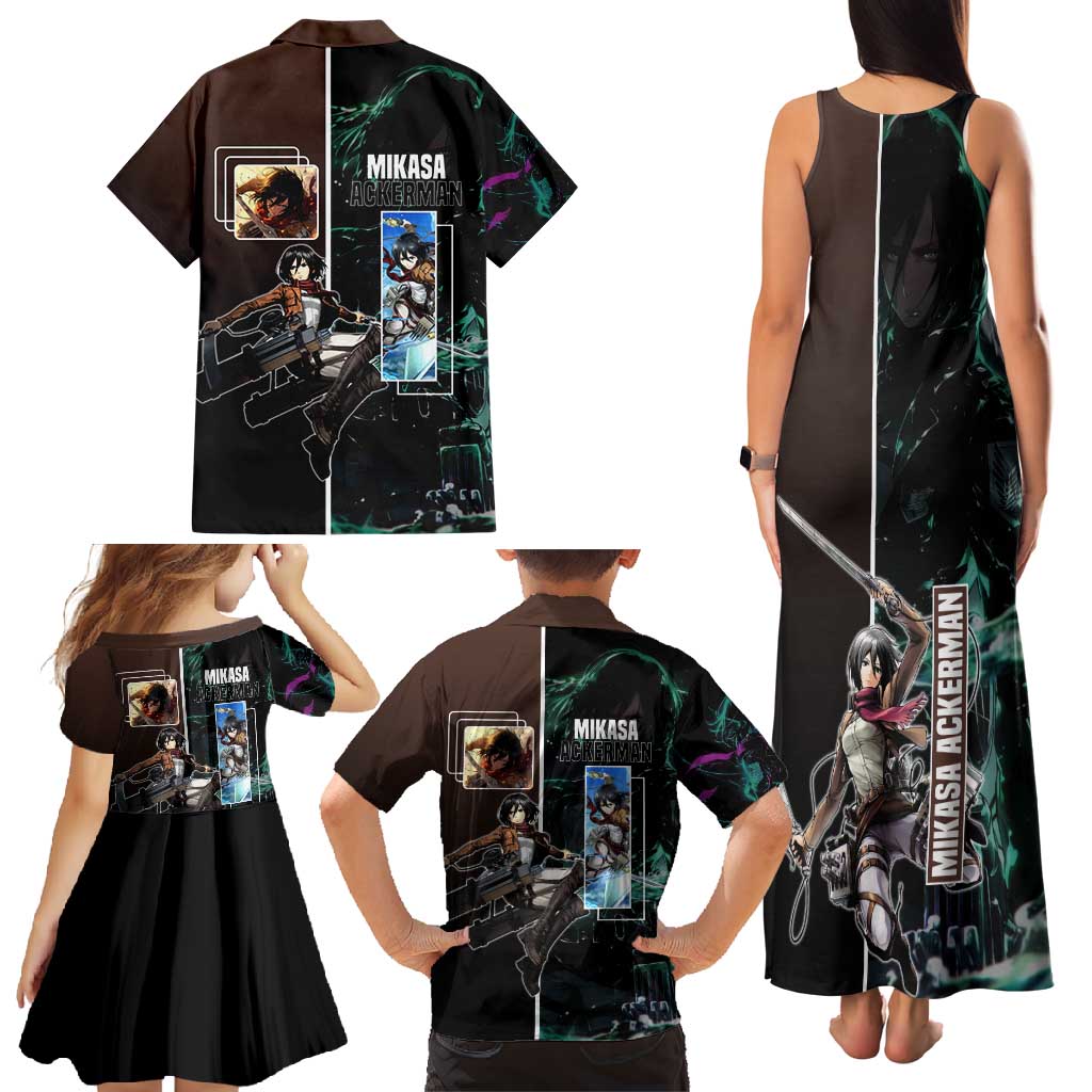 Mikasa Ackerman from Attack on Titan Family Matching Tank Maxi Dress and Hawaiian Shirt with Sword and Action Pose Design - The Mazicc