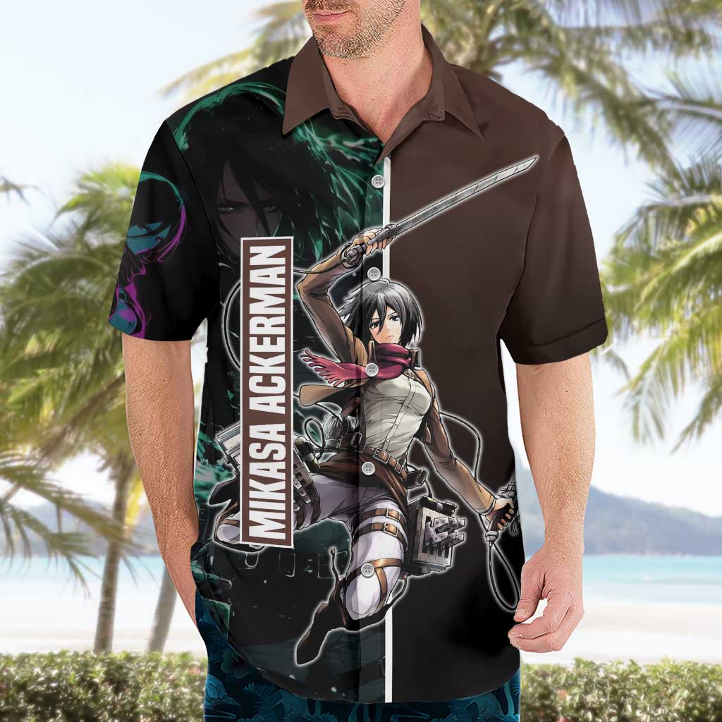 Mikasa Ackerman from Attack on Titan Hawaiian Shirt with Sword and Action Pose Design - The Mazicc