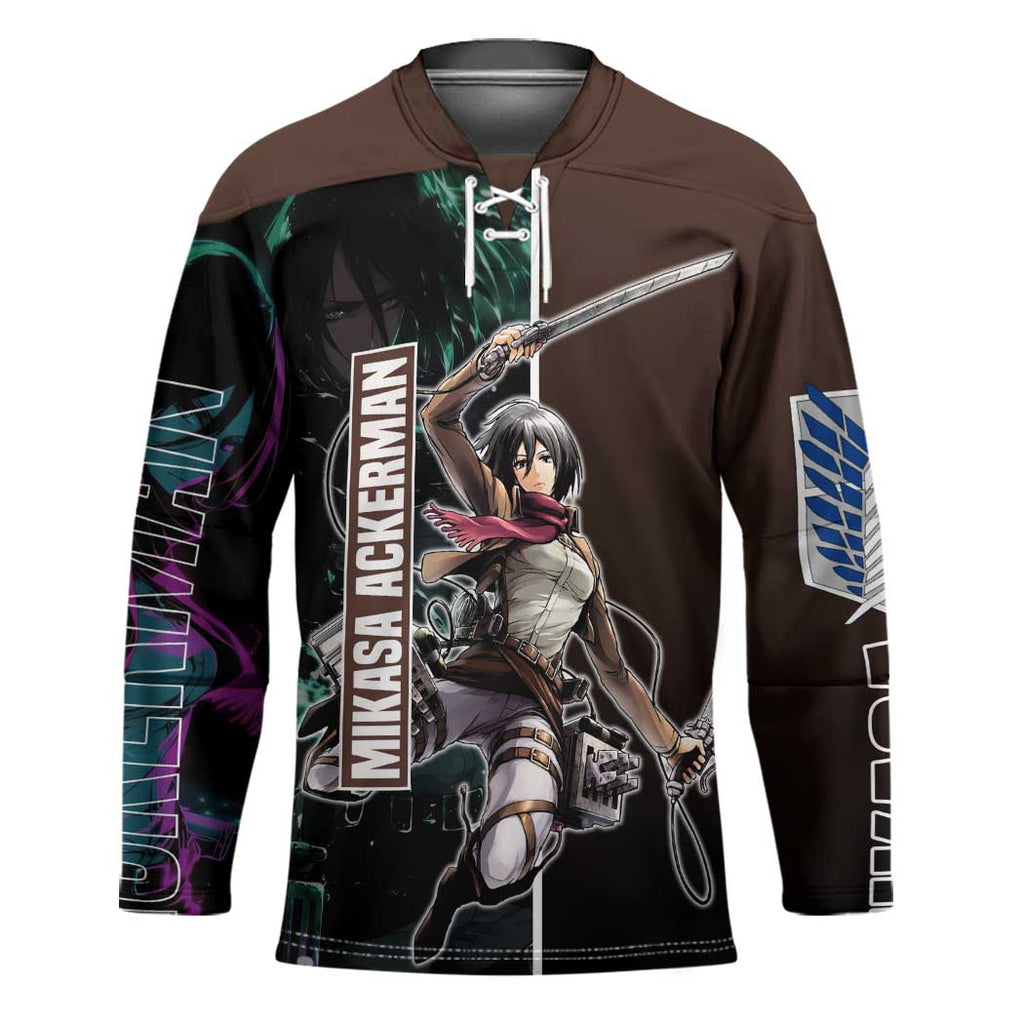 Mikasa Ackerman from Attack on Titan Hockey Jersey with Sword and Action Pose Design - The Mazicc