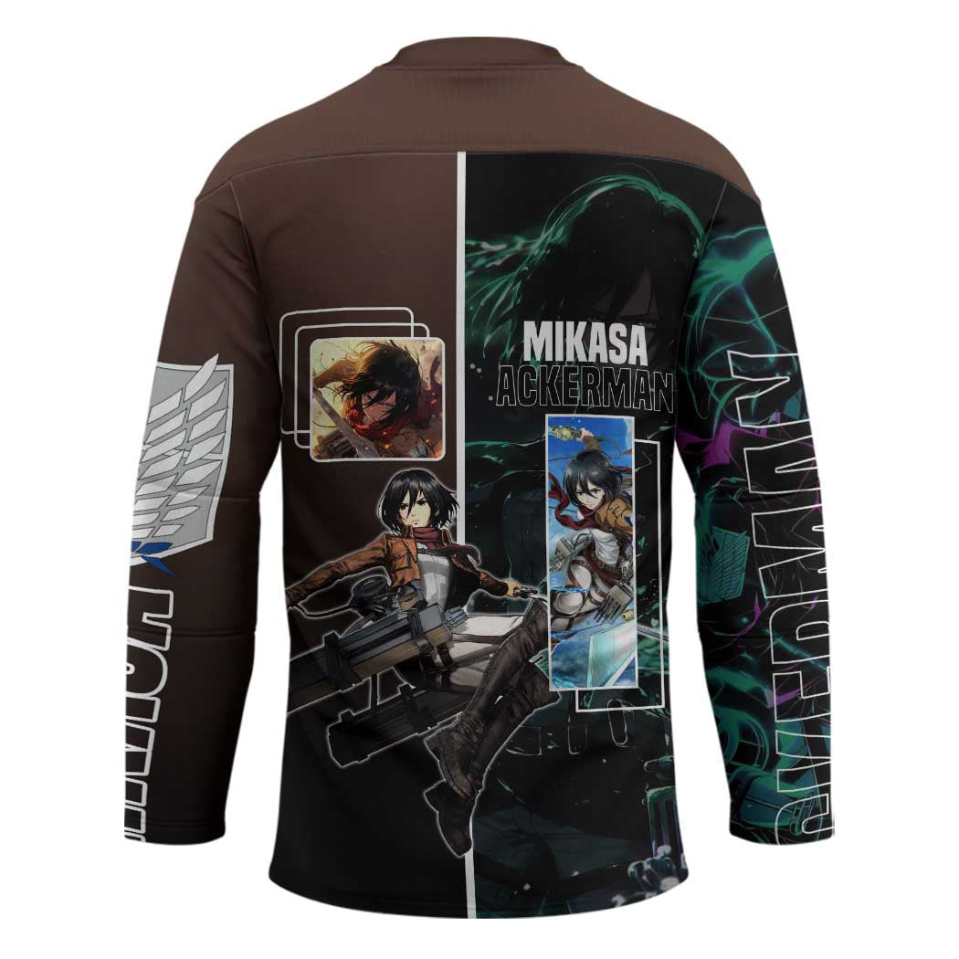 Mikasa Ackerman from Attack on Titan Hockey Jersey with Sword and Action Pose Design - The Mazicc