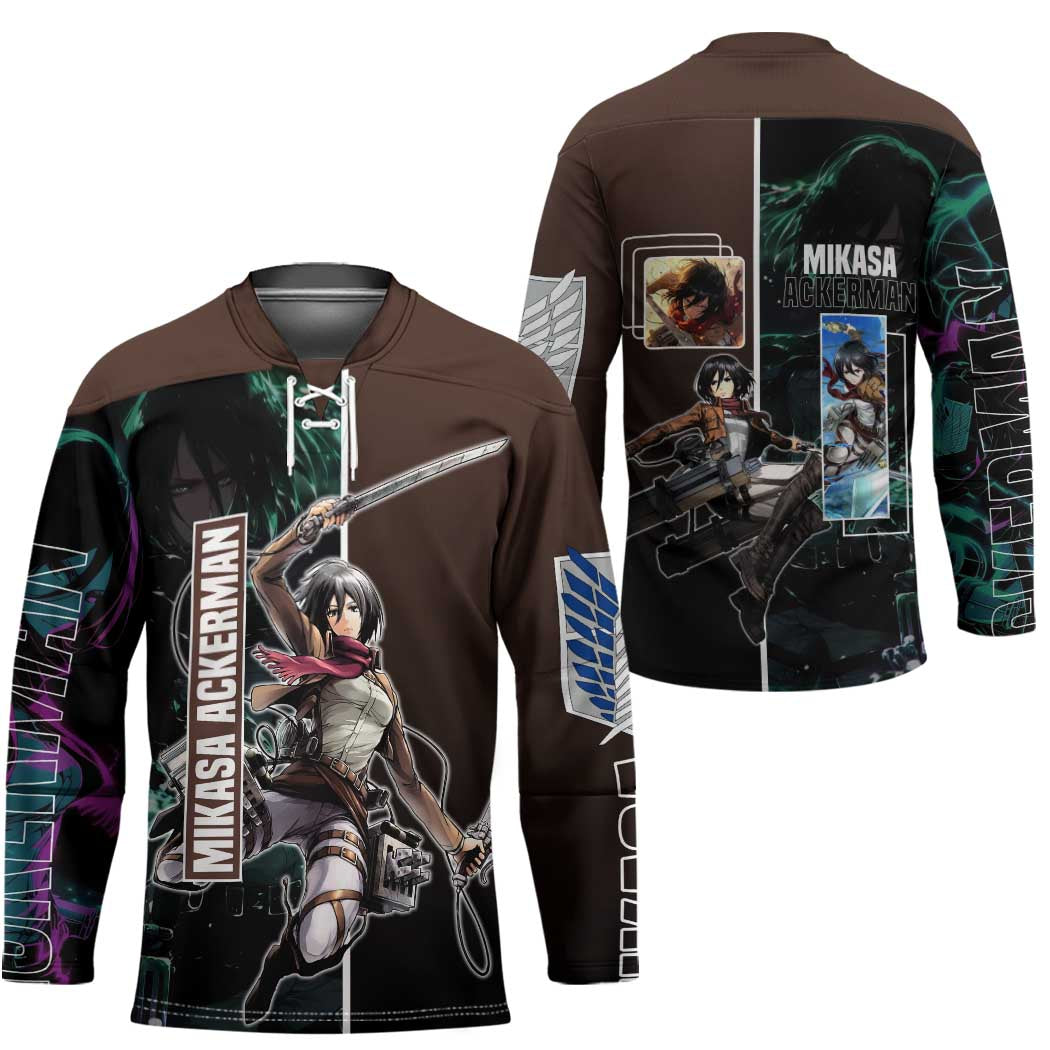 Mikasa Ackerman from Attack on Titan Hockey Jersey with Sword and Action Pose Design - The Mazicc