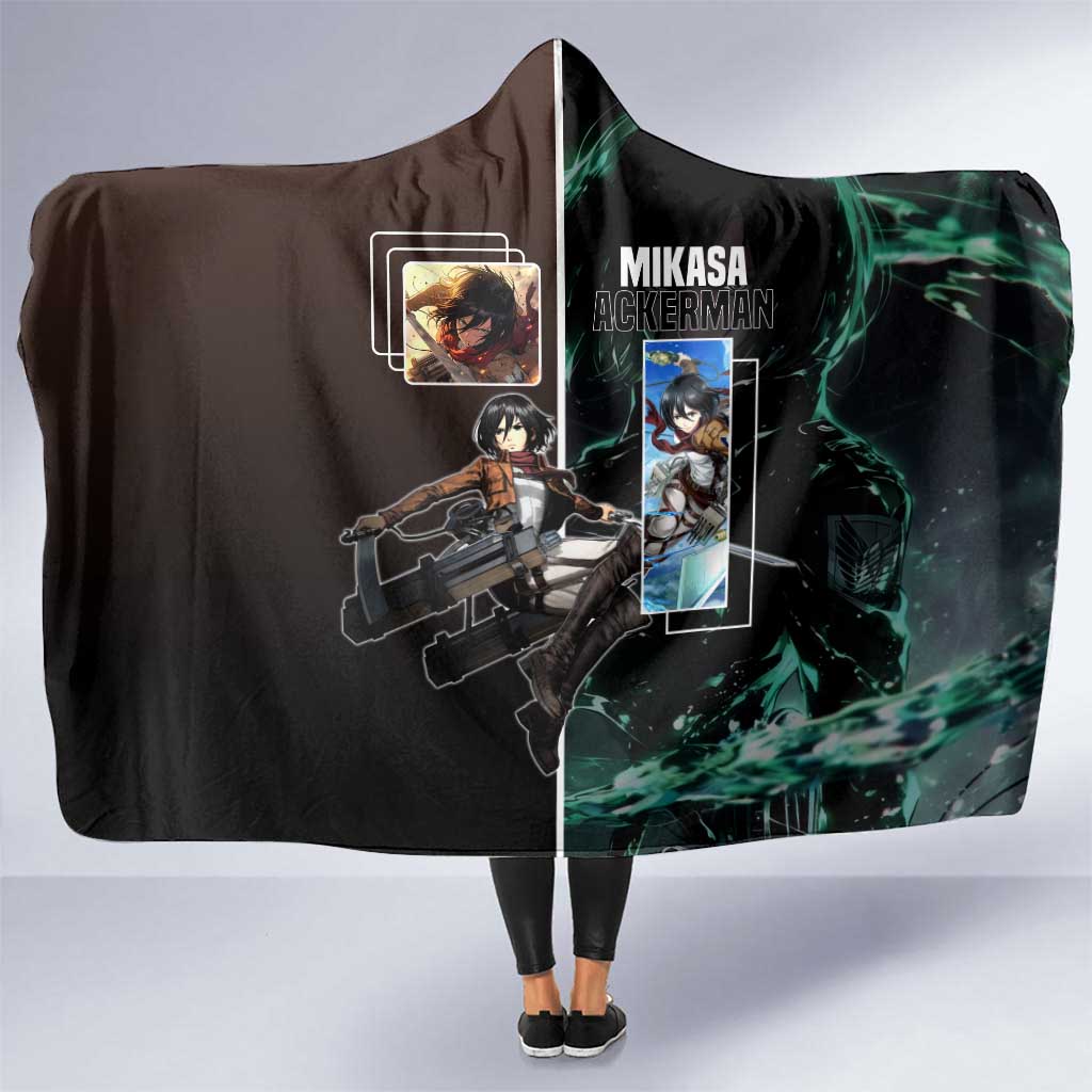 Mikasa Ackerman from Attack on Titan Hooded Blanket with Sword and Action Pose Design - The Mazicc