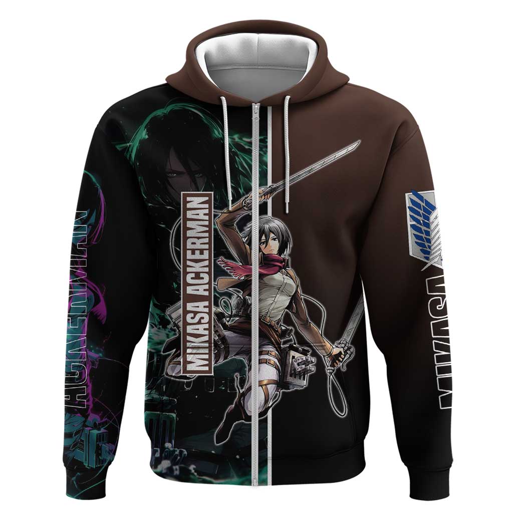 Mikasa Ackerman from Attack on Titan Hoodie with Sword and Action Pose Design - The Mazicc