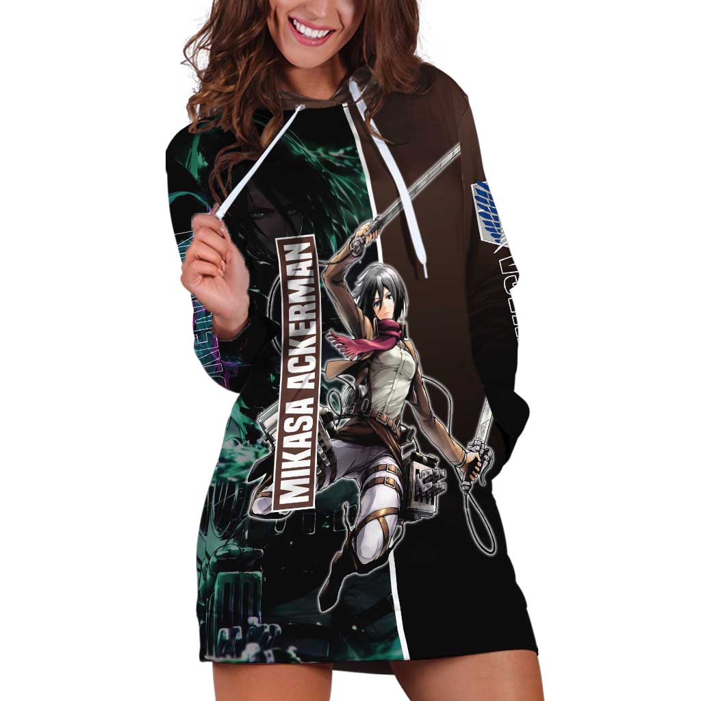 Mikasa Ackerman from Attack on Titan Hoodie Dress with Sword and Action Pose Design - The Mazicc