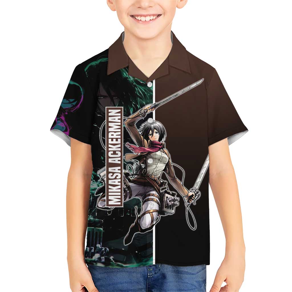Mikasa Ackerman from Attack on Titan Kid Hawaiian Shirt with Sword and Action Pose Design - The Mazicc