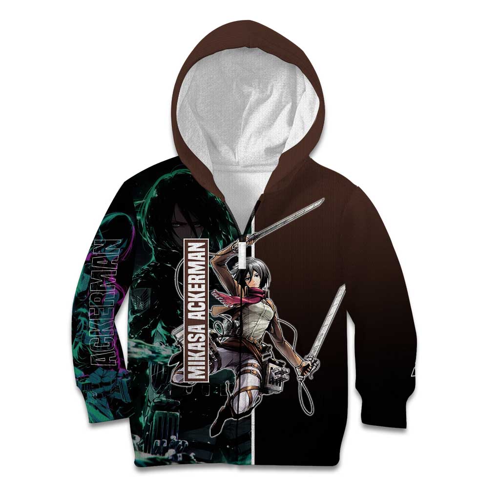 Mikasa Ackerman from Attack on Titan Kid Hoodie with Sword and Action Pose Design - The Mazicc