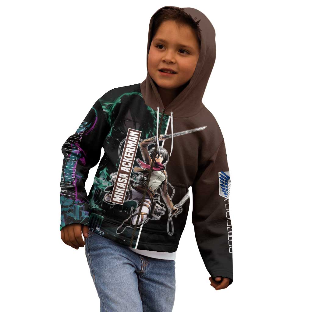 Mikasa Ackerman from Attack on Titan Kid Hoodie with Sword and Action Pose Design - The Mazicc