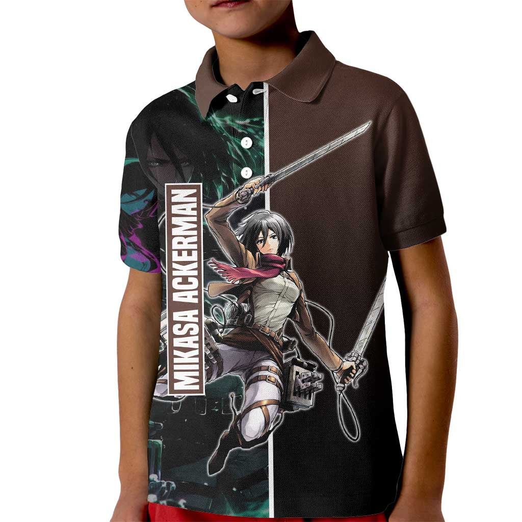 Mikasa Ackerman from Attack on Titan Kid Polo Shirt with Sword and Action Pose Design - The Mazicc