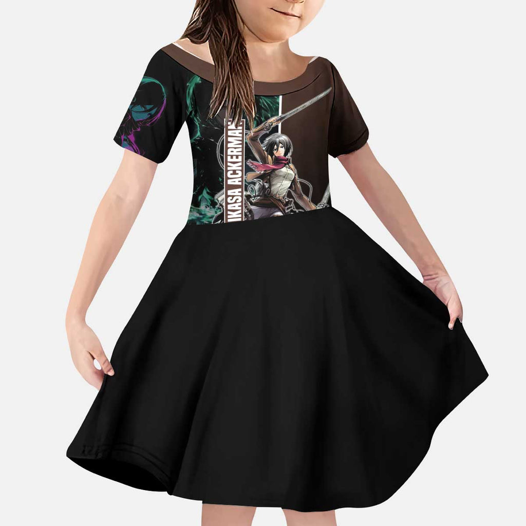 Mikasa Ackerman from Attack on Titan Kid Short Sleeve Dress with Sword and Action Pose Design - The Mazicc
