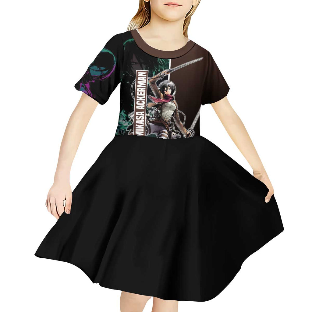 Mikasa Ackerman from Attack on Titan Kid Short Sleeve Dress with Sword and Action Pose Design - The Mazicc