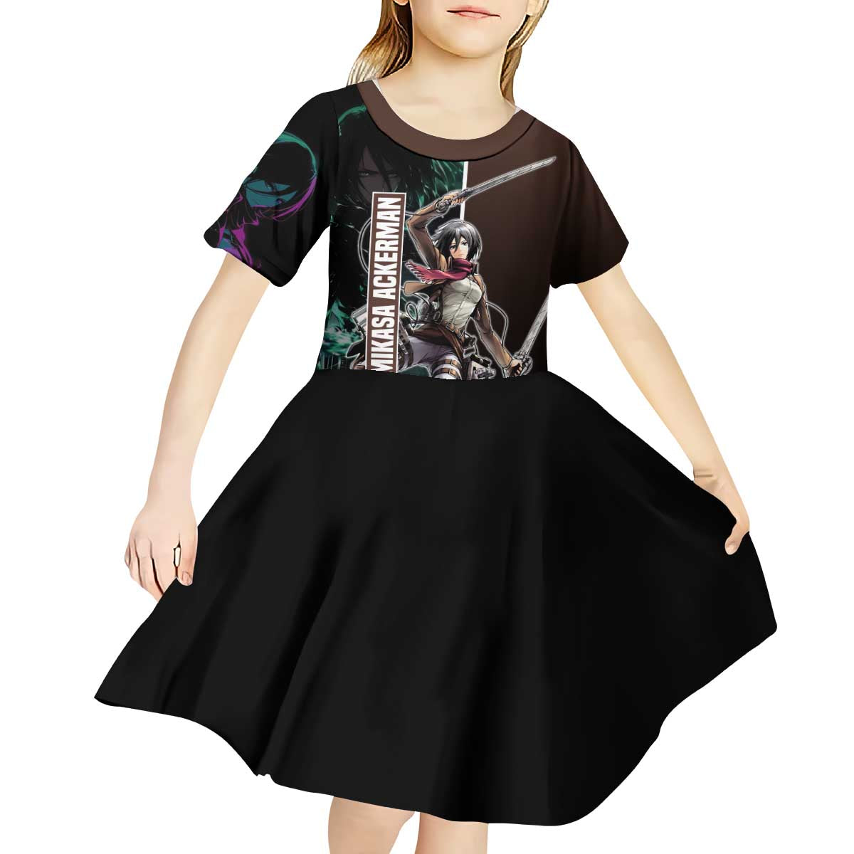 Mikasa Ackerman from Attack on Titan Kid Short Sleeve Dress with Sword and Action Pose Design - The Mazicc