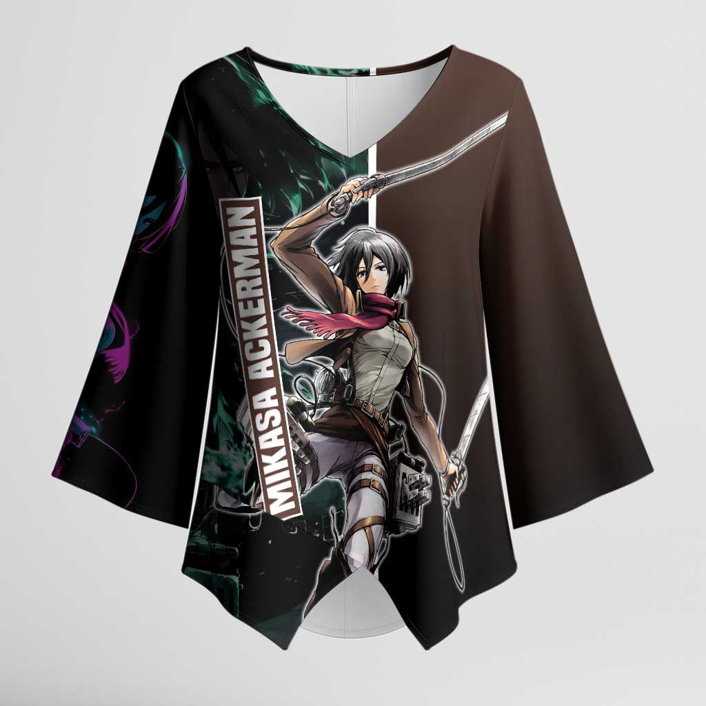 Mikasa Ackerman from Attack on Titan Kimono Sleeve Blouse with Sword and Action Pose Design - The Mazicc