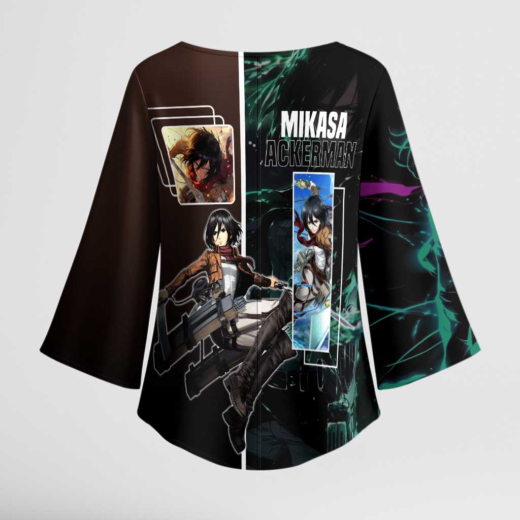 Mikasa Ackerman from Attack on Titan Kimono Sleeve Blouse with Sword and Action Pose Design - The Mazicc