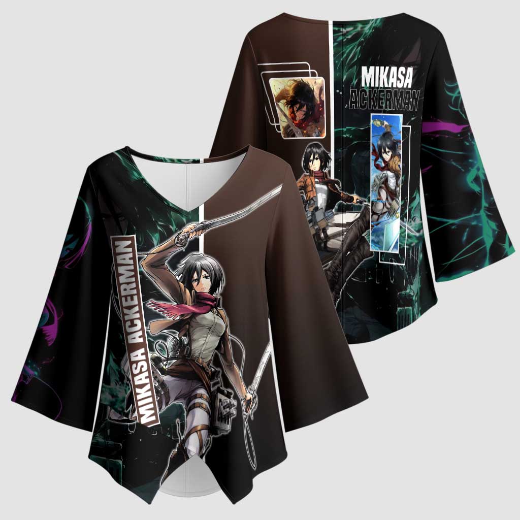Mikasa Ackerman from Attack on Titan Kimono Sleeve Blouse with Sword and Action Pose Design - The Mazicc