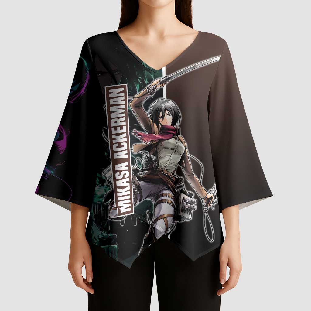 Mikasa Ackerman from Attack on Titan Kimono Sleeve Blouse with Sword and Action Pose Design - The Mazicc