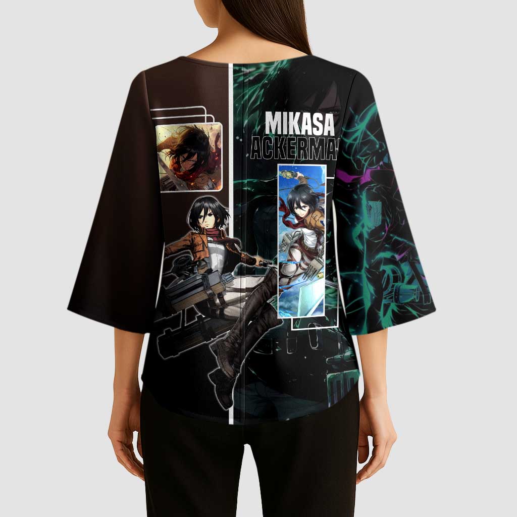Mikasa Ackerman from Attack on Titan Kimono Sleeve Blouse with Sword and Action Pose Design - The Mazicc